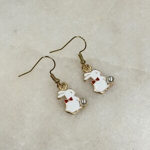 Gold-Trim White Bunny Drop Earrings with Red Bow Accent
